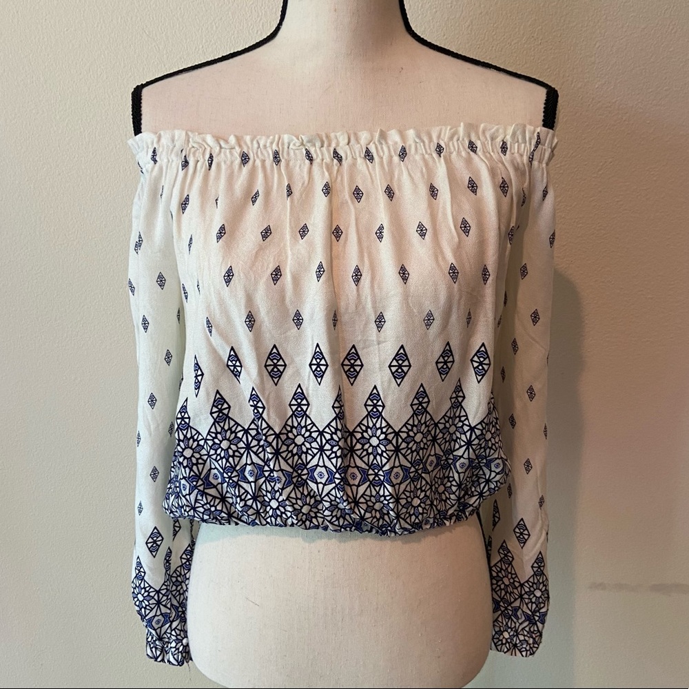 H&M White and Blue Geo Print Off Shoulder Crop Top